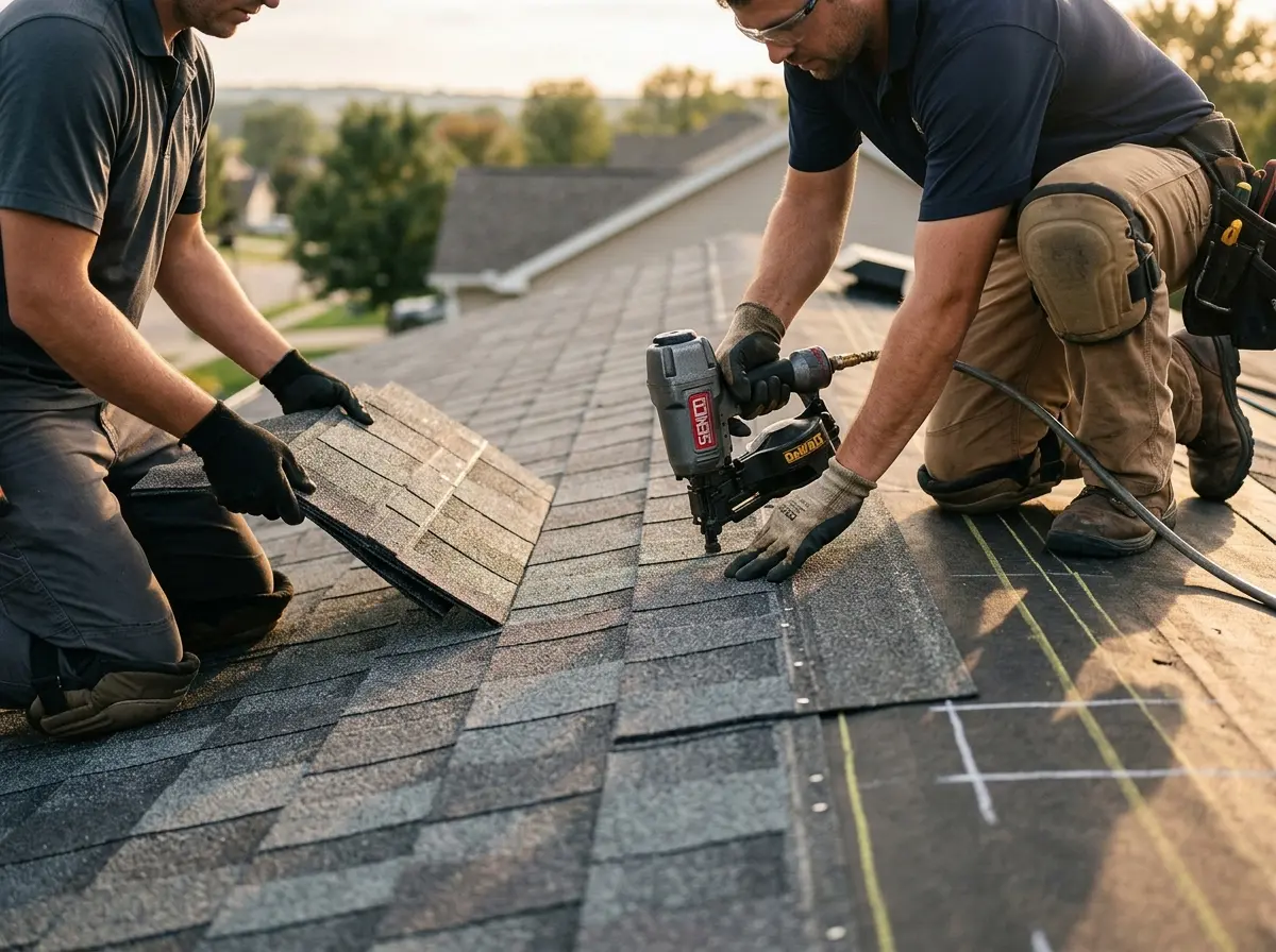 Professional roofer working on a residential roof in Ravenna